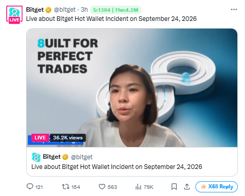 A tweet from Bitget (@bitget) announces a livestream about the Bitget Hot Wallet Incident on September 24, 2026, showing a thumbnail of a presenter with the text "BUILT FOR PERFECT TRADES" and "LIVE - 36.2K views." The post reassures Bitget users that $351.6M was impacted by unauthorized transactions in hot/warm wallets, but user assets remain protected by the Protection Fund which exceeds $464M.