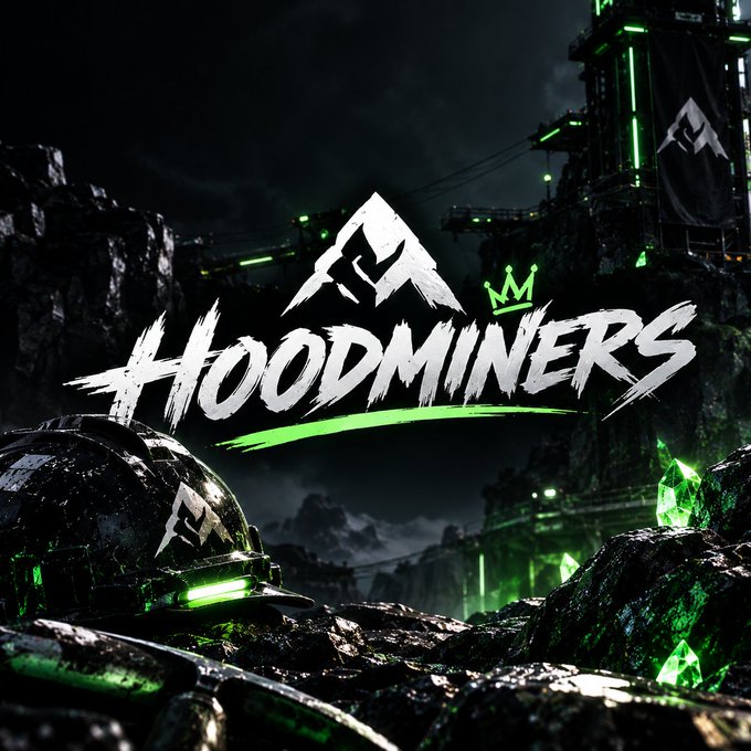 A dark, atmospheric promotional graphic with the title "HOODMINERS" in white stylized text above a green underline, featuring a mountain logo with a crown and a miner helmet in a gloomy green-lit mining environment.