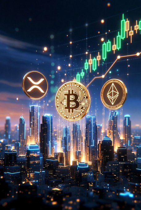 The image features a scene of three digital coins - Bitcoin, Ripple, and Ethereum - depicted against an urban cityscape backdrop. The coin symbols are positioned atop buildings located at various points across the picture, creating depth and dimensionality. The city's skyline also appears in multiple places throughout the image, indicating that the city is situated near or adjacent to the coin-related elements. This scene effectively communicates the relationship between these cryptocurrencies and their respective environments.