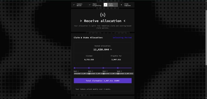 A screenshot of a dark-themed web interface for a "Receive allocation" dashboard, showing a Staked Allocations total of 11,638,064 tokens with 8,722,533 Claimed.