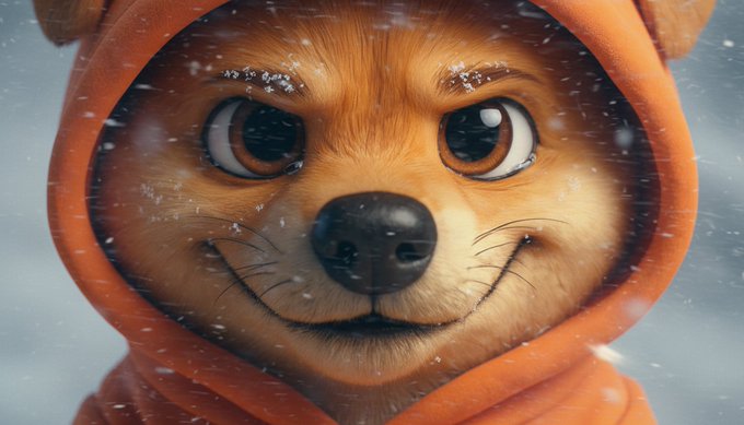 A digital illustration features a small brown dog or fox character with large eyes, wearing a bright orange hoodie against a snowy background.