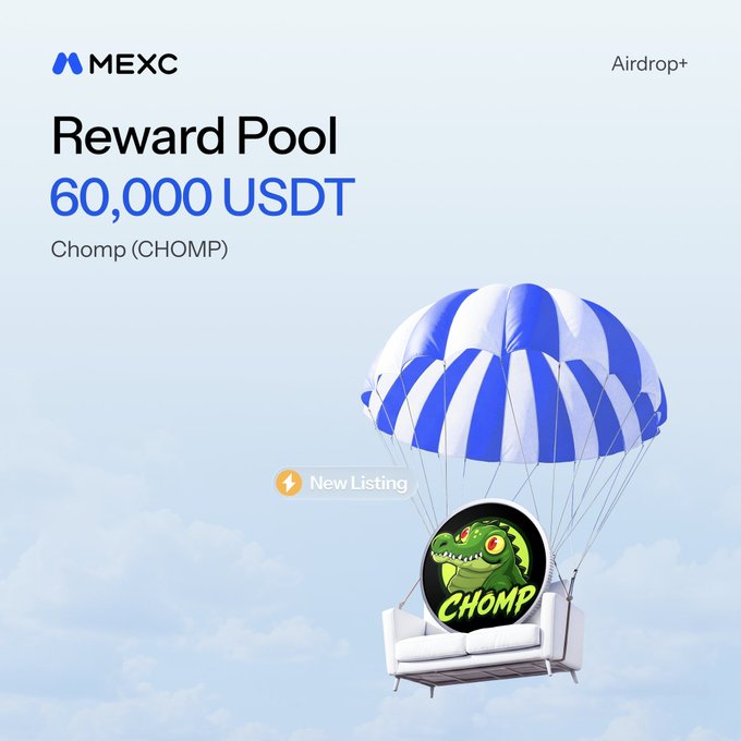 A MEXC Airdrop+ promotional banner announcing a 60,000 USDT reward pool for the new Chomp (CHOMP) token listing, featuring a parachute carrying a dinosaur logo descending through the clouds. The image visually ties to the post by highlighting the new token listing and sharing of the 60,000 USDT airdrop reward.