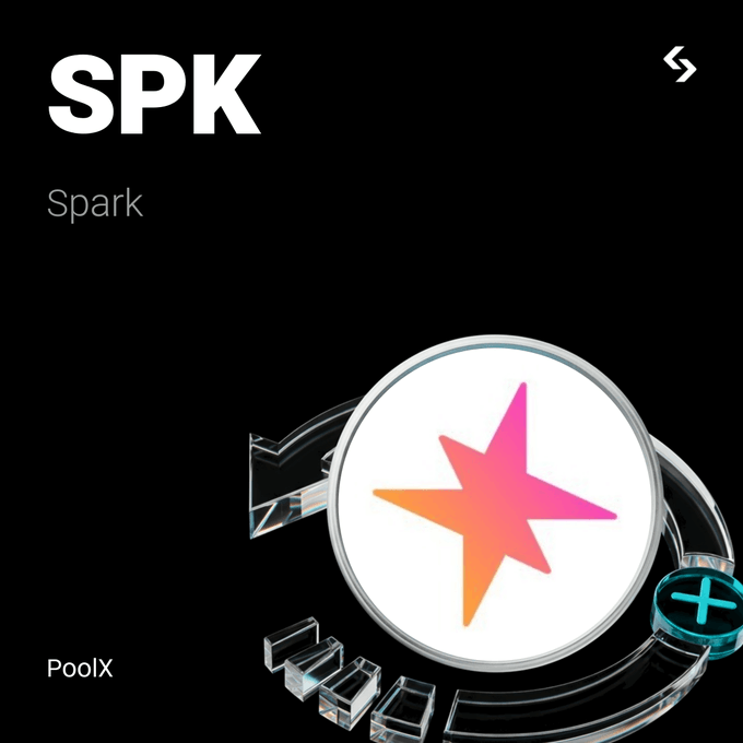 A dark-themed app or platform interface displaying 'SPK Spark' and 'PoolX', featuring a 3D transparent circular logo with a gradient pink and orange star, alongside a teal plus icon.