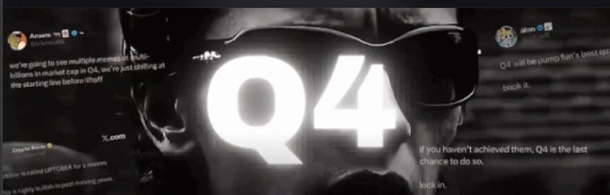 A black-and-white image showing a person wearing VR goggles with 'Q4' projected on the lenses, surrounded by social media comments referencing Q4 events and crypto trolls.