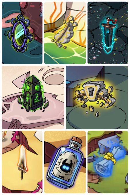 A collection of nine cartoon-style illustrations of various fantasy game items including a mirror, gauntlets, a sword, a green statue, a treasure chest, a sword in stone, a vial, and a scroll.