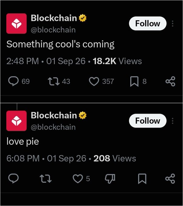 The image displays two tweets from the official @blockchain X account: the first, posted at 2:48 PM on September 1, 2026, reads "Something cool's coming" with 18.2K views, 357 likes, and 69 replies; the second, posted later at 6:08 PM the same day, simply says "love pie" with 208 views and 5 likes. The cryptic "love pie" follow-up has sparked speculation about a potential Pi (Pi Network) integration with Blockchain.com's wallet services.