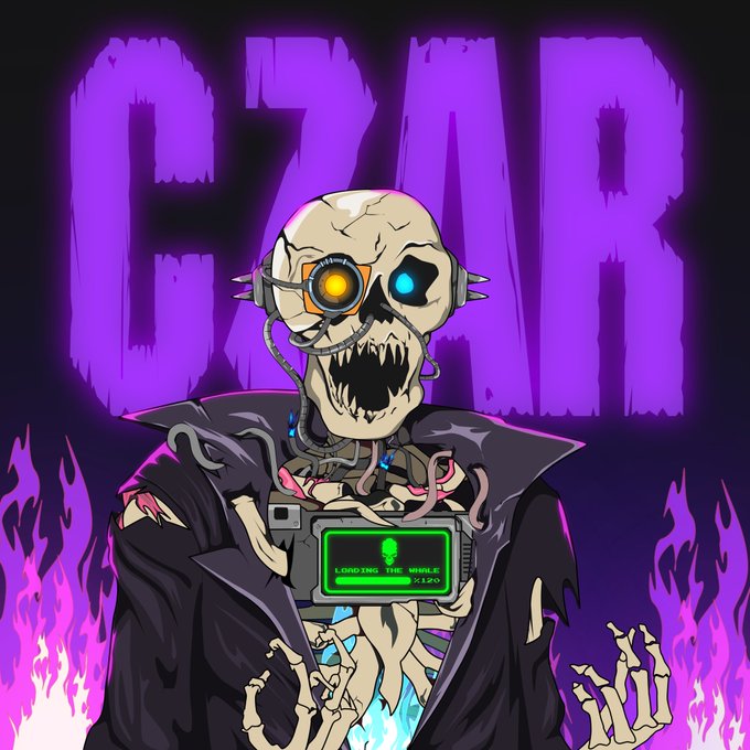 A menacing cyborg-skeleton figure with a glowing orange eye and jagged teeth wears a black coat amid purple flames, with a green digital device on its chest and large purple text reading "CZAR" looming in the background—the bold, skeletal imagery fittingly amplifying the "impressive" sentiment.