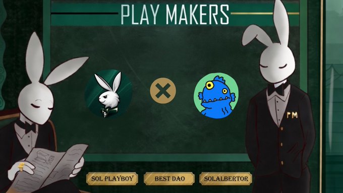 The image features a cartoon rabbit wearing a black suit standing next to another cartoon rabbit dressed in a white suit. The two rabbits are positioned side by side, with one of them holding a book while the other has a newspaper. The background of the image is green and white, giving it an artistic touch. The post includes text that reads "Another Playmakers Win."