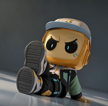 A 3D-rendered cartoon character wearing a cap, headgear with large blue eyes, and green jacket sits on the ground with legs crossed and arms folded, displaying a confident expression.