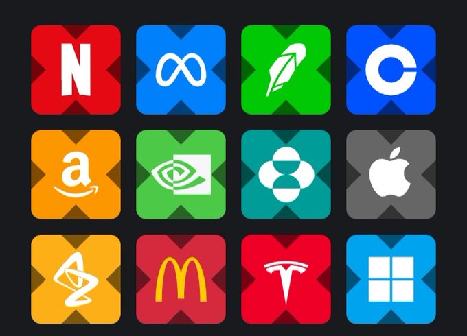 A grid of twelve colorful square icons featuring logos for Netflix, Meta, a quill, a 'C', Amazon, NVIDIA, an 8-ball, Apple, Minecraft, McDonald's, Tesla, and Windows.