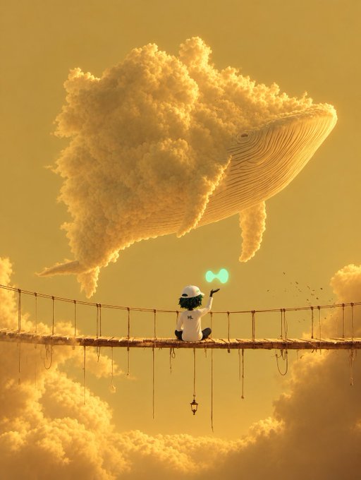 A digital illustration depicts a child wearing a glowing green headset sitting on a rope bridge beneath a massive, fluffy cloud shaped like a whale in a golden-yellow sky.