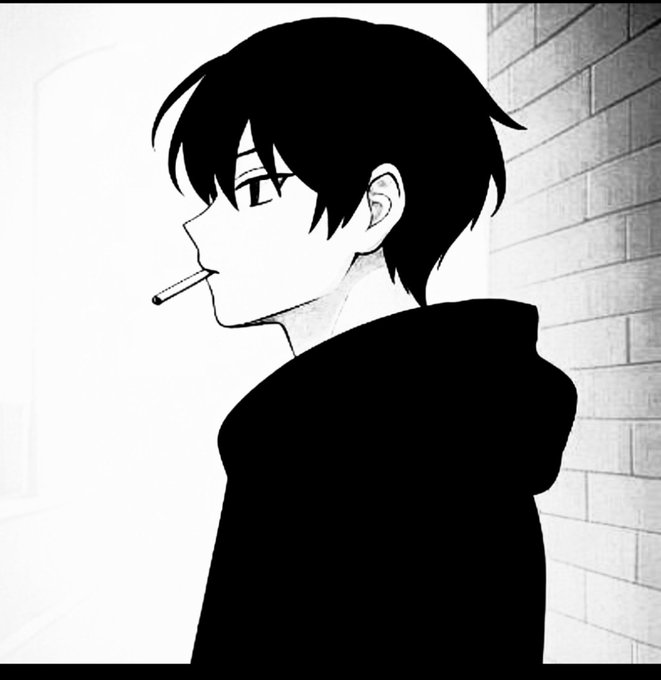 A black and white anime-style illustration of a young man with dark hair in profile, wearing a hooded sweatshirt and smoking a cigarette.