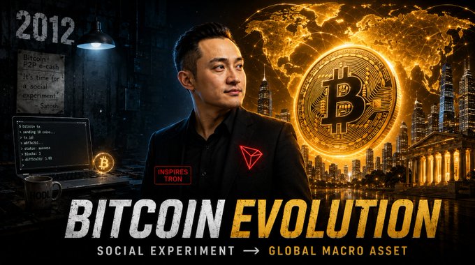 A promotional graphic titled "BITCOIN EVOLUTION: SOCIAL EXPERIMENT → GLOBAL MACRO ASSET" features Justin Sun (labeled "INSPIRES TRON") beside a glowing Bitcoin symbol, with "2012" and a paper referencing "Satoshi" in the background. The image visually supports the post's narrative about Bitcoin's journey from a social experiment to a global macro asset, paralleling Justin Sun's inspiration to build TRON.