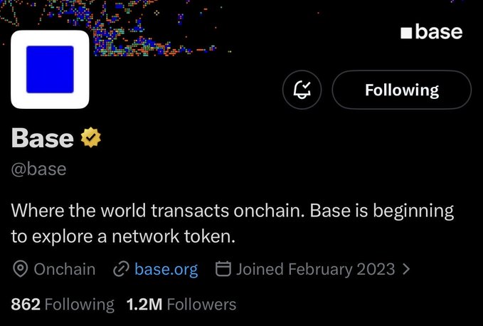 The image shows a social media post from Base, which has been tagged with the hashtag #base. The post features a blue square logo at the top of the image, accompanied by text that reads "Where the world transactions onchain. Base is beginning to explore a network token." The post also includes a link to a website and mentions that there are 12.2M followers who have interacted with the post.