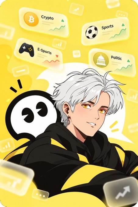 An anime-style illustration shows a silver-haired male character in a black and yellow hoodie, surrounded by floating UI panels labeled 'Crypto', 'E-Sports', 'Sports', and 'Politic' against a bright yellow background.