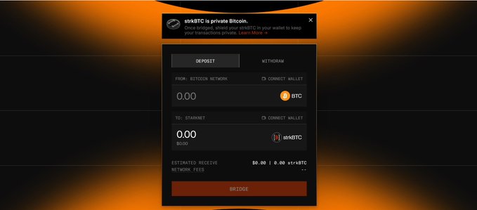 A private Bitcoin bridge interface for stkBTC is shown, allowing users to deposit from the Bitcoin Network and withdraw to Starknet, with fields for amount, network fees, and a 'BRIDGE' button.