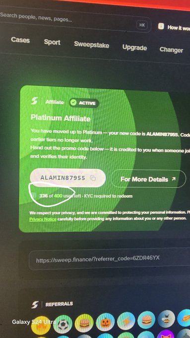 A screenshot of a Sweep.finance affiliate page showing a 'Platinum Affiliate' status with code 'ALAMIN87955' and a referral link.