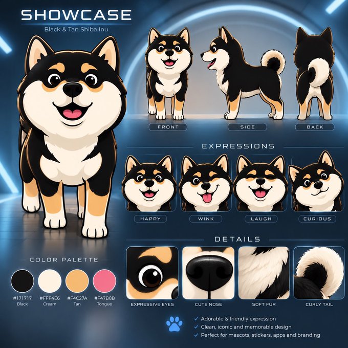A showcase design sheet for a Black & Tan Shiba Inu mascot, displaying front, side, and back views, multiple facial expressions (happy, wink, laugh, curious), color palette, and details for branding use.