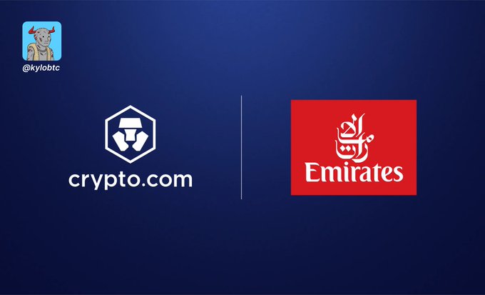 Partnership announcement graphic on a dark blue background showing the Crypto.com logo alongside the Emirates logo, posted by @kylobtc.