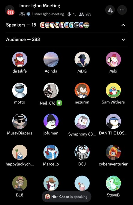 A screenshot of a Twitter Spaces audio chat room titled 'Inner Igloo Meeting' showing a grid of audience member avatars and a notification that 'Nick Chase is speaking'.