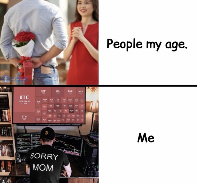 A two-panel meme contrasting 'People my age' showing a man presenting flowers to a woman, with 'Me' showing a person at a computer setup wearing a 'SORRY MOM' shirt looking at a multi-monitor crypto trading display showing BTC, XRP, SOL, BNB, DOGE, and ETH.