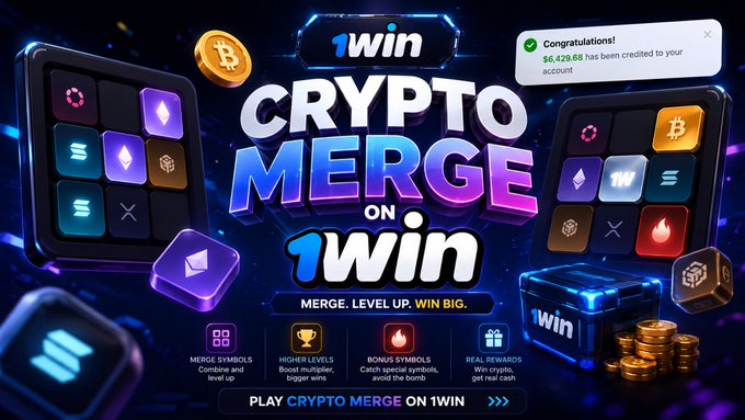 A promotional banner for the "Crypto Merge" game on 1win, featuring glowing crypto-themed tiles (Bitcoin, Ethereum, Solana, XRP) and a notification showing a $6,629.65 win, highlighting the game's matching-symbol mechanics for earning crypto prizes without traditional trading.