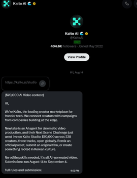 A dark-themed social media profile screenshot for 'Kaito AI' (@kaborai), showing a post titled '[$70,000 AI Video contest]' announcing that 'Newlabs is an AI Agent for cinematic video production,' with 404.6K followers.