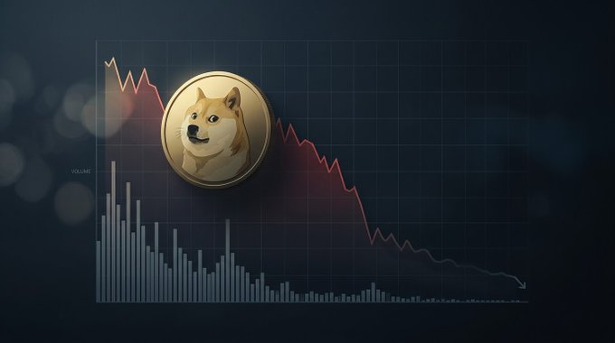 A stylized digital illustration shows a Dogecoin token (featuring the Shiba Inu dog) overlaid on a declining financial chart with downward-trending line and bar graphs against a dark background.