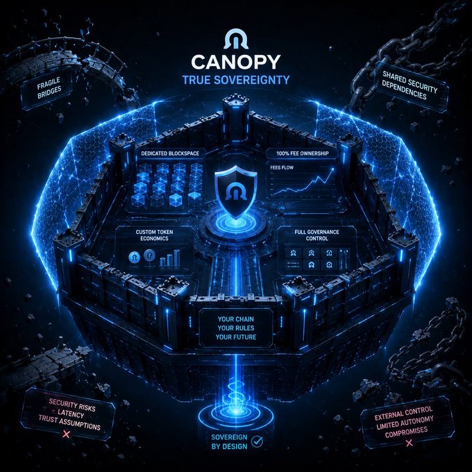 A futuristic, tech-themed promotional graphic for "CANOPY" featuring the tagline "TRUE SOVEREIGNTY" and a central blue glowing shield, surrounded by features like "DEDICATED BLOCKSPACE," "100% FEE OWNERSHIP," "CUSTOM TOKEN ECONOMICS," and "FULL GOVERNANCE CONTROL," with negative attributes like "FRAGILE BRIDGES" and "SHARED SECURITY DEPENDENCIES" crossed out.