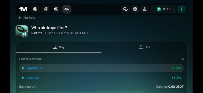 A prediction market interface asking 'Who airdrops first?' with 639 pts, showing outcomes Hyperliquid at 58.8% and Pump.fun at 41.2%, and a Buy/Sell toggle with a 0.00 USDT balance.