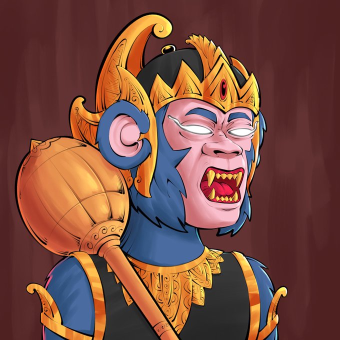 A cartoon illustration of the Hindu monkey god Hanuman with blue fur, glowing white eyes, fangs, and golden armor, holding a gada mace.