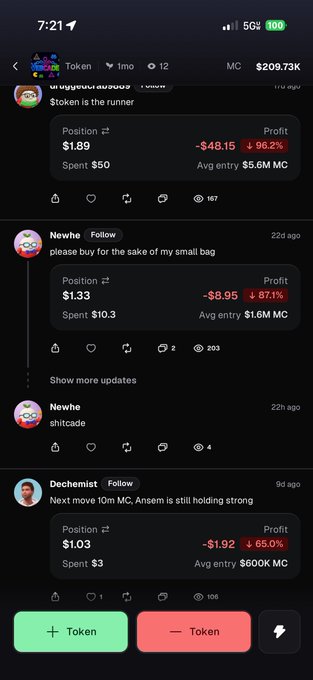 A mobile app screenshot showing cryptocurrency trading performance with positions like '$token is the runner' and 'shitcade', displaying profit losses in red text, with 209.73K MC visible at the top.