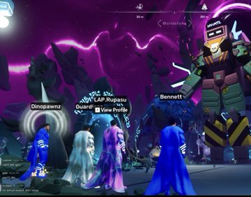 Video game scene showing three characters wearing blue capes standing before a large mech-like enemy labeled 'Bennett,' with player names 'Dinogazwnz,' 'LAP-Rupasu,' and 'Quest' visible in a dark purple landscape.