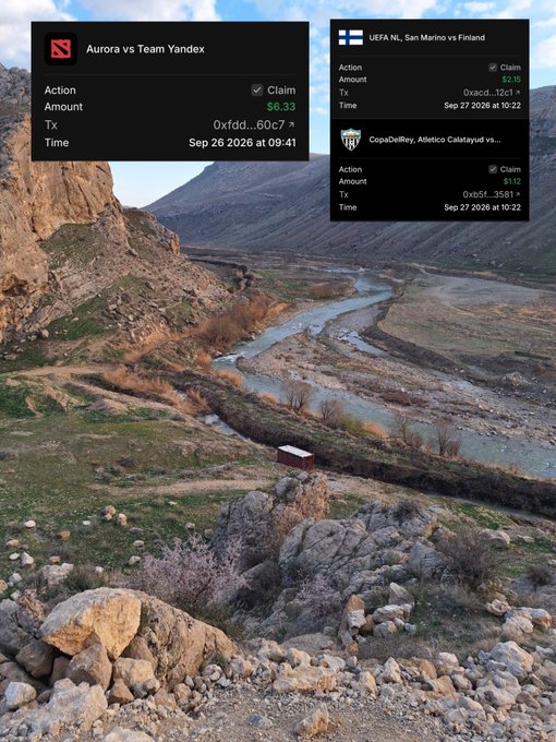 A photo of a rocky river valley landscape overlaid with three crypto transaction claim boxes, including 'Aurora vs Team Yandex' and 'UEFA NL, San Marino vs Finland' from late September 2026.
