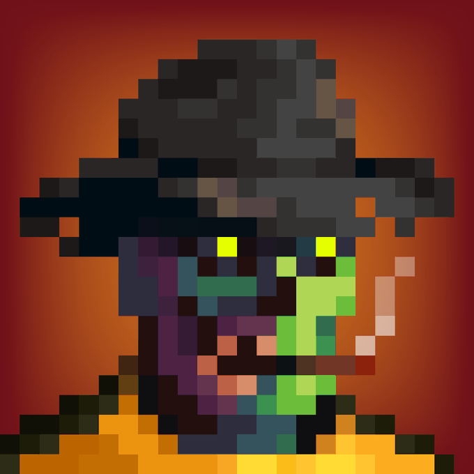 A pixel art portrait of a figure wearing a wide-brimmed black hat, rendered in blocky colors against a deep red and orange background.