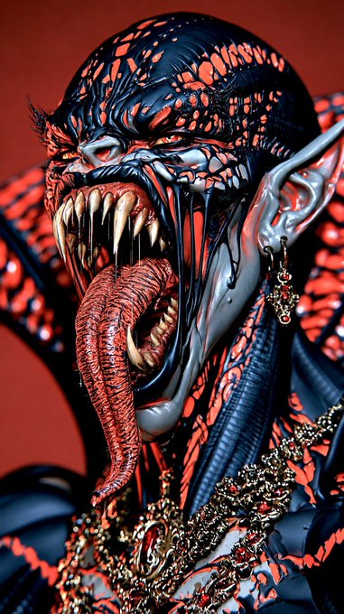 A vivid red, black, and gray fantasy illustration depicts a monstrous fanged humanoid creature with a protruding tongue, sharp claws, earrings, and ornate chains.