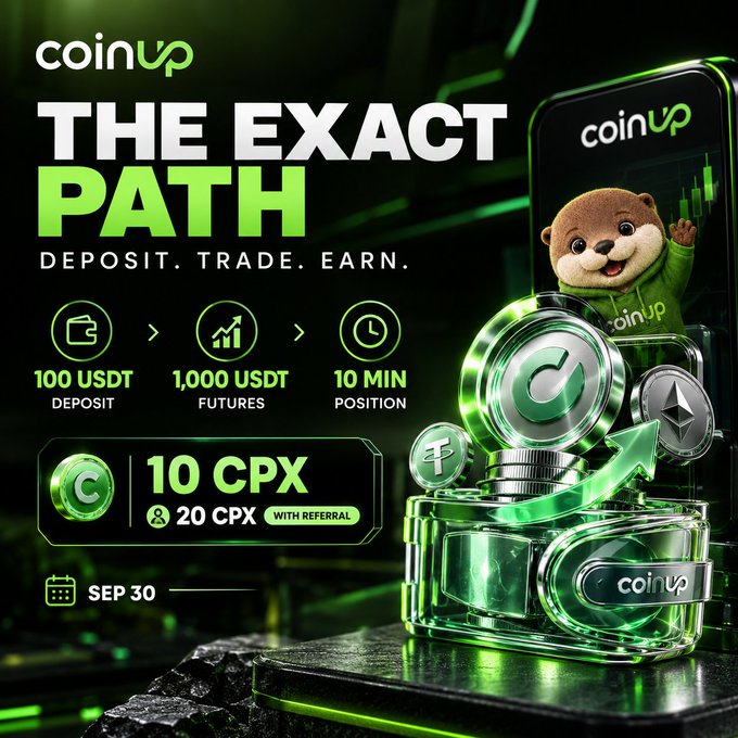 A promotional graphic for 'coinup' cryptocurrency exchange titled 'THE EXACT PATH' advertises a deposit of 100 USDT, futures of 1,000 USDT, and earning 10 CPX (20 CPX with referral), featuring a cute otter mascot.