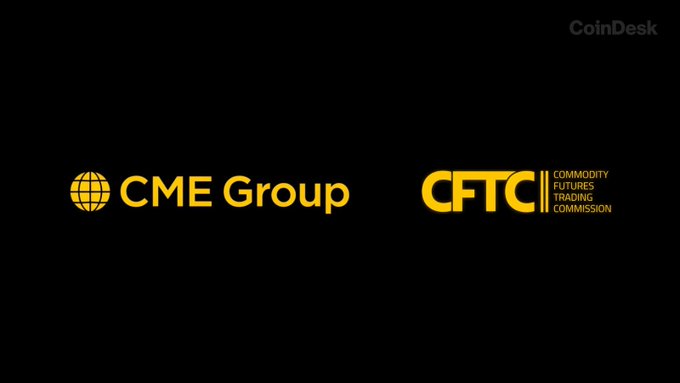 The CME Group logo is displayed alongside the CFTC (Commodity Futures Trading Commission) logo on a black background, representing the two parties involved in the lawsuit where CME Group is suing the CFTC over its decision to allow onchain perpetual futures.