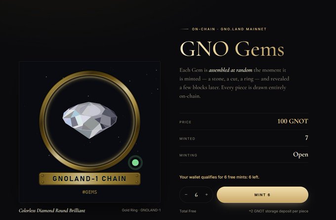 Webpage for 'GNO Gems' on the GNO.LAND MAINNET, showing a colorless diamond with a price of 100 GNOT and 7 minted.