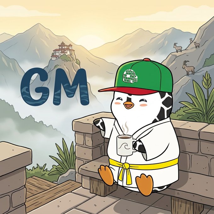 A cartoon illustration of a penguin wearing a green cap and white robe, holding a mug of coffee while sitting on a stone wall with mountains in the background and 'GM' text displayed.