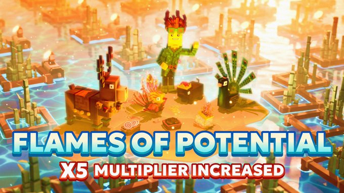 A promotional graphic titled "FLAMES OF POTENTIAL" features blocky, voxel-style characters in a fiery landscape with bamboo and a treasure chest, advertising an "X5 MULTIPLIER INCREASED."