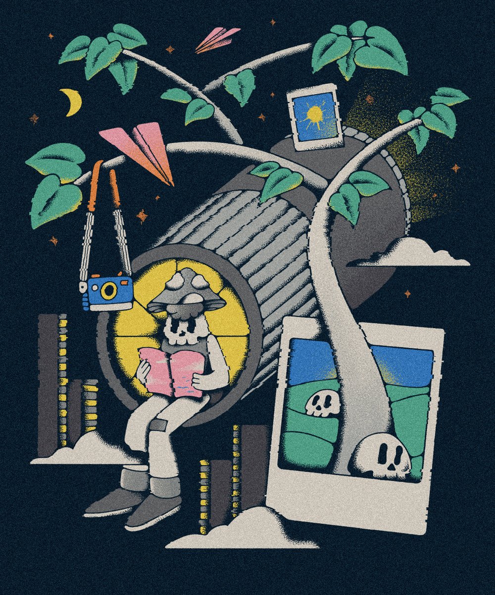 The image features a man sitting on a tree stump, reading a book while surrounded by various objects such as a camera, a suitcase, and a backpack. The background of the image shows a sky with stars and clouds, giving the impression that they are in space or an otherworldly setting. The post is about a contest called "Leren #4" at Transient Labs, which has been described as a Bidders edition.