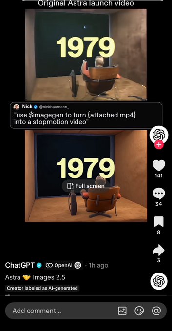 A TikTok-style screenshot showing the 'Original Astra launch video' with the year '1979' displayed, featuring a comment from Nick (@nickbaumann) saying 'use $imagegen to turn (attached mp4) into a stopmotion video' and tagged with ChatGPT and OpenAI.