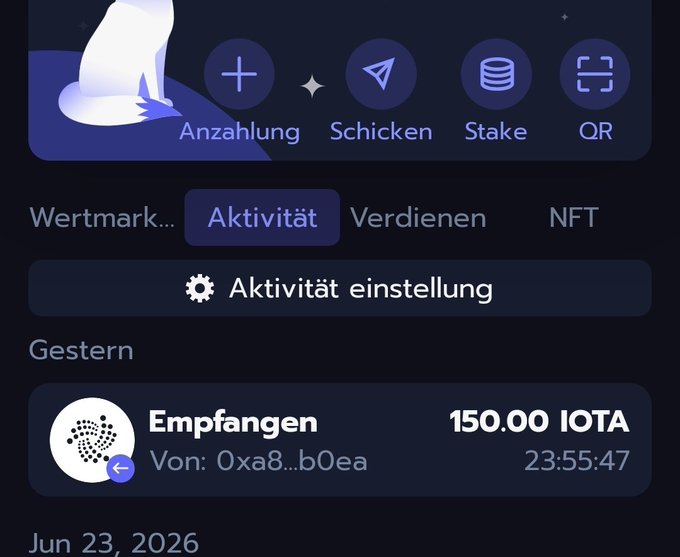 A cryptocurrency wallet interface in German showing options like 'Anzahlung' (Deposit), 'Schicken' (Send), and 'Stake', with an 'Aktivität' (Activity) tab displaying a received transaction of 150.00 IOTA.