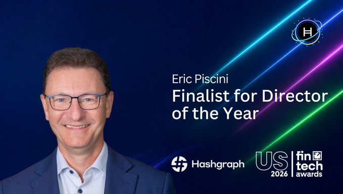 A promotional graphic announces 'Eric Piscini, Finalist for Director of the Year' featuring the Hashgraph and US FinTech Awards 2026 logos.
