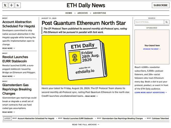 A screenshot of the 'ETH Daily News' website dated August 28, 2026, featuring headlines like 'Post Quantum Ethereum North Star' and 'Revolut Launches EURR Stablecoin'.
