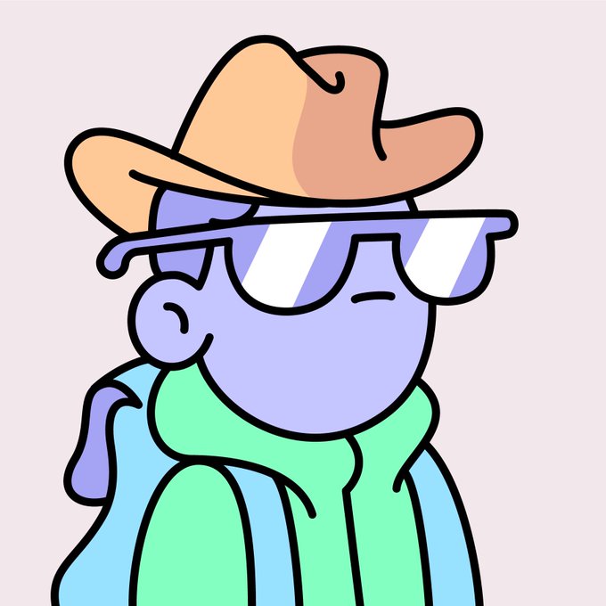 A purple cartoon character wearing a brown cowboy hat, large reflective sunglasses, and a green scarf with a blue jacket, smiling with closed eyes.