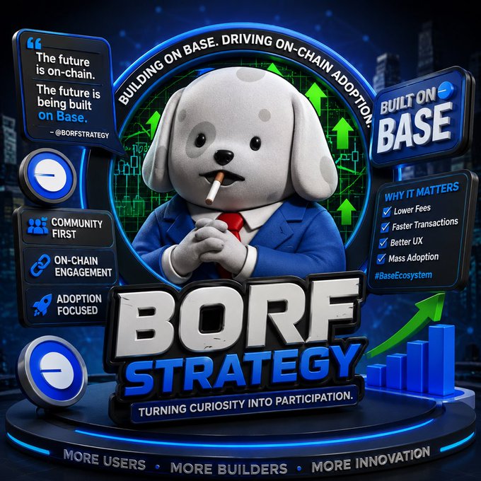 The image features a cartoon dog wearing a suit and tie with the words "BORF" written above its head, surrounded by various other elements such as a clock, a building, and a city skyline. The text in the image reads "1/ The future of crypto adoption won't be driven by speculation alone it will be driven by projects creating real on chain activity, seamless user experiences and sustainable ecosystems one project contributing to that vision is @BORFSTRATEGY within the @Base ecosystem".