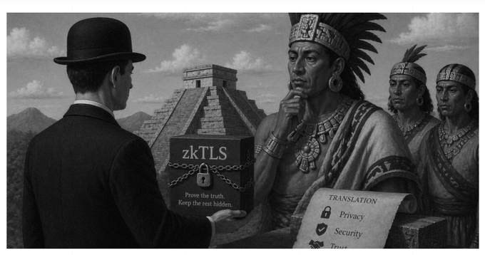 A black and white historical-style illustration depicting a man in a bowler hat presenting a box labeled 'zkTLS' to indigenous figures near a pyramid, with text 'Prove the truth. Keep the rest hidden.' and 'TRANSLATION: Privacy, Security, Trust.'
