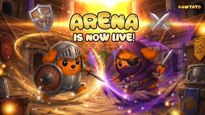 A colorful promotional graphic reading 'ARENA IS NOW LIVE!' by 'PAWTATO', depicting cartoon puppies dressed as a knight and a ninja with shields and swords.